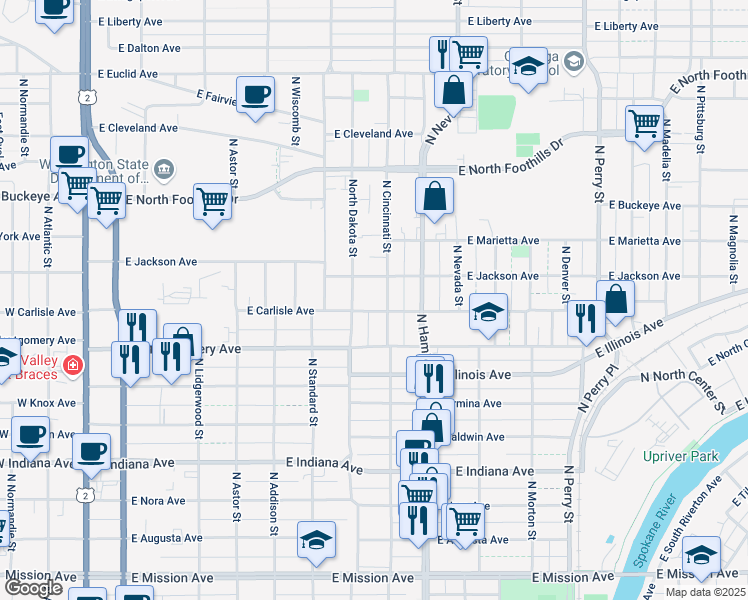 map of restaurants, bars, coffee shops, grocery stores, and more near 712 East Carlisle Avenue in Spokane