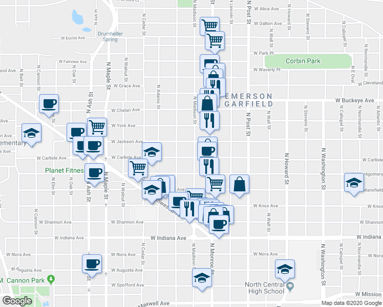map of restaurants, bars, coffee shops, grocery stores, and more near 1118 West Montgomery Avenue in Spokane