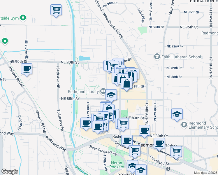 map of restaurants, bars, coffee shops, grocery stores, and more near in Redmond