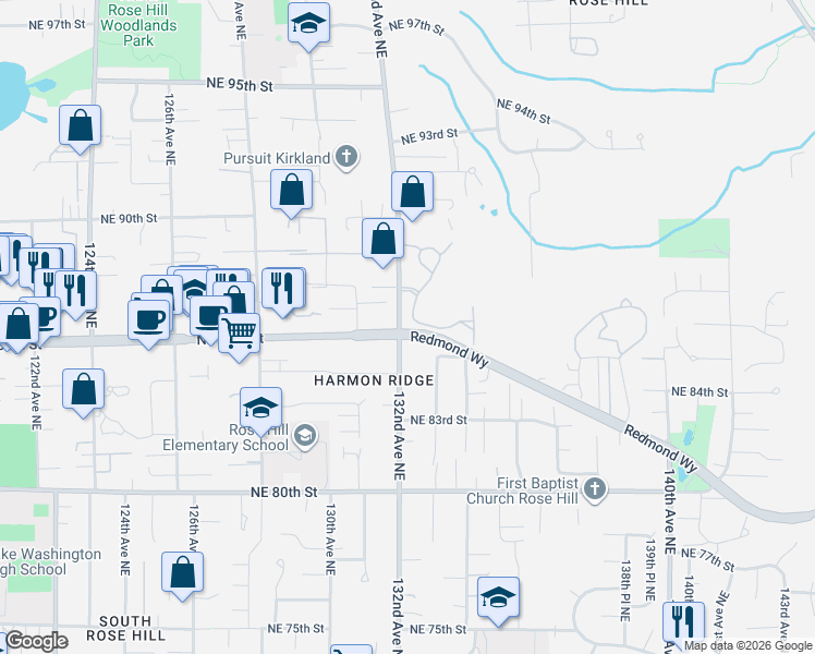 map of restaurants, bars, coffee shops, grocery stores, and more near 13221 Redmond Way in Redmond