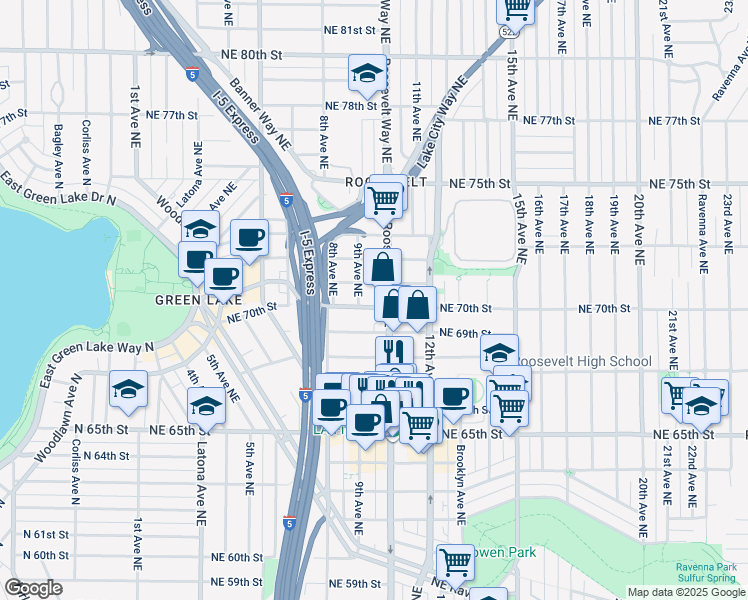 map of restaurants, bars, coffee shops, grocery stores, and more near 6909 Roosevelt Way Northeast in Seattle
