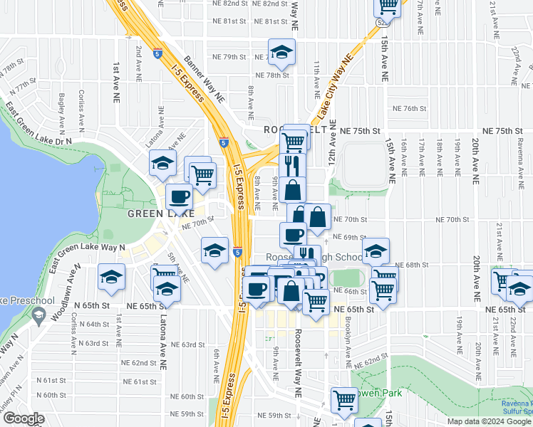 map of restaurants, bars, coffee shops, grocery stores, and more near 824 Northeast 69th Street in Seattle