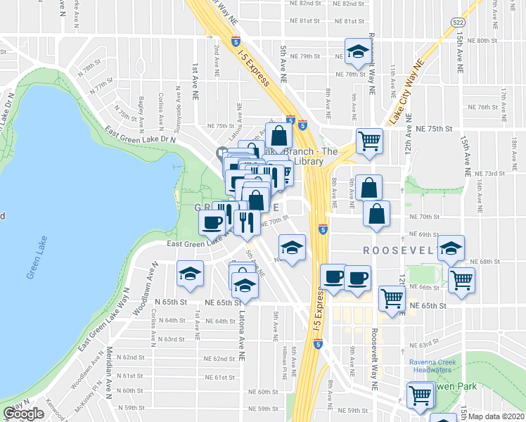 map of restaurants, bars, coffee shops, grocery stores, and more near 6845 Oswego Place Northeast in Seattle