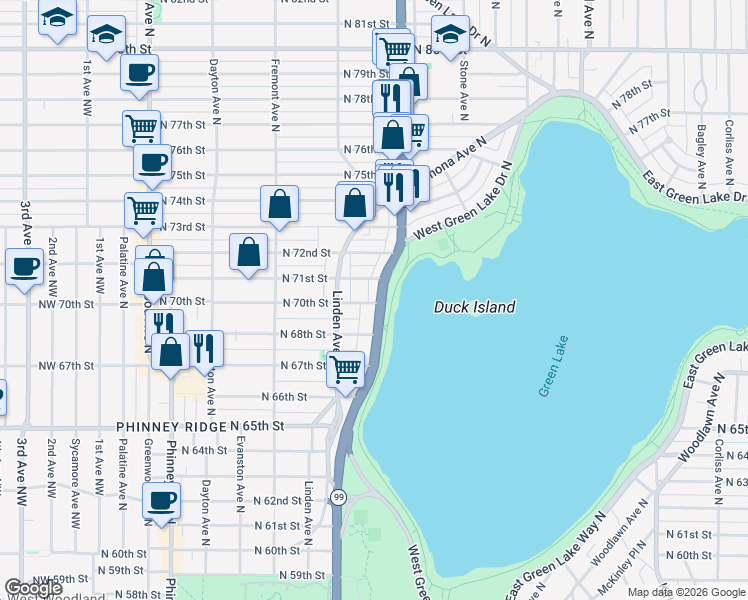 map of restaurants, bars, coffee shops, grocery stores, and more near 6807 Aurora Avenue North in Seattle