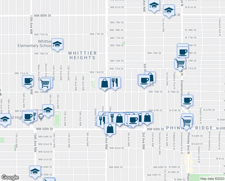 map of restaurants, bars, coffee shops, grocery stores, and more near 6742 Cleopatra Place Northwest in Seattle