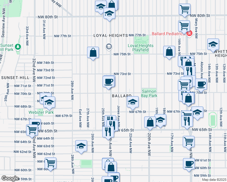 map of restaurants, bars, coffee shops, grocery stores, and more near in Seattle