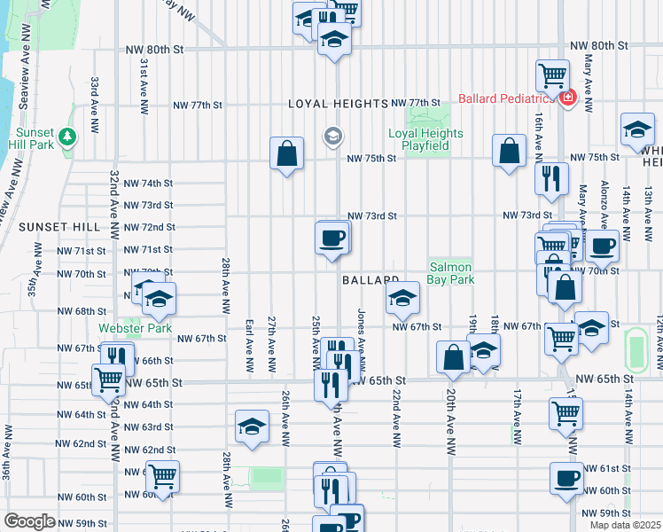 map of restaurants, bars, coffee shops, grocery stores, and more near 6741 24th Avenue Northwest in Seattle