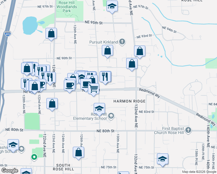 map of restaurants, bars, coffee shops, grocery stores, and more near 12832 Northeast 85th Street in Kirkland