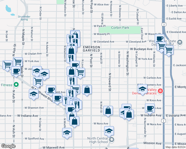 map of restaurants, bars, coffee shops, grocery stores, and more near 2410 North Post Street in Spokane