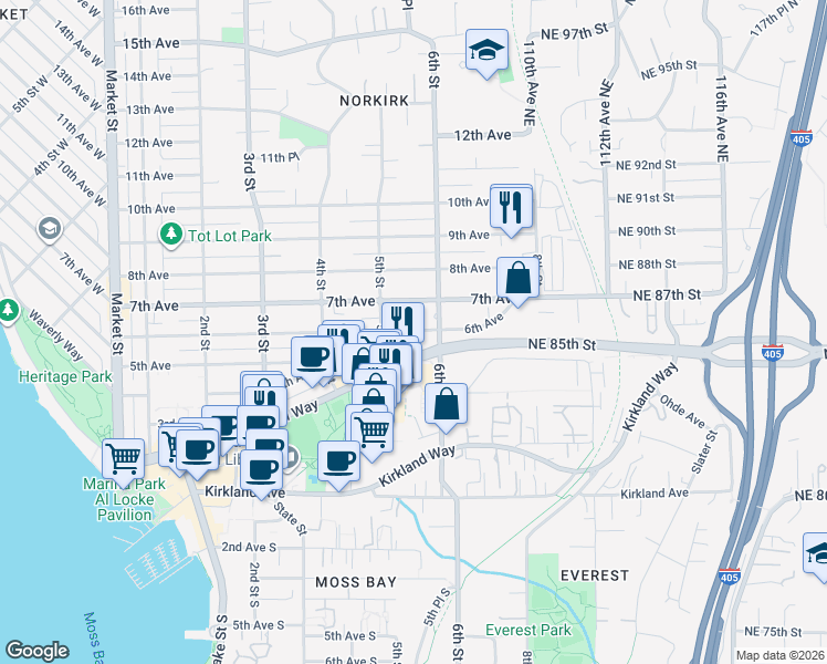 map of restaurants, bars, coffee shops, grocery stores, and more near 538 Central Way in Kirkland