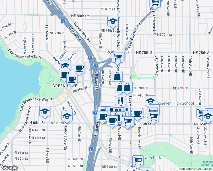 map of restaurants, bars, coffee shops, grocery stores, and more near 824 Northeast 69th Street in Seattle