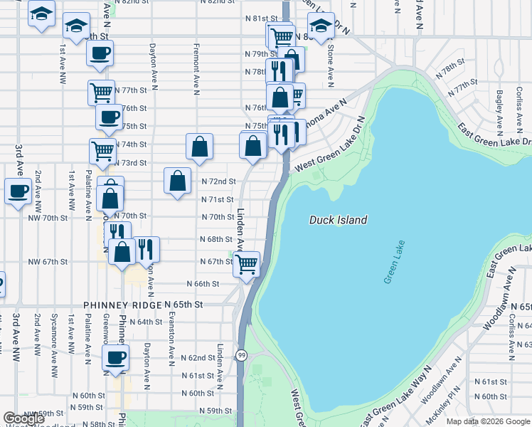 map of restaurants, bars, coffee shops, grocery stores, and more near 6807 Aurora Avenue North in Seattle