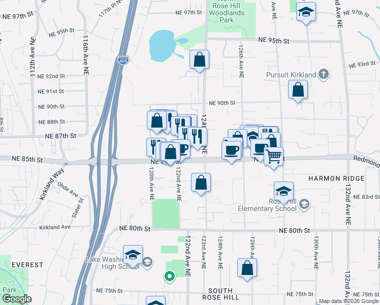 map of restaurants, bars, coffee shops, grocery stores, and more near 8518 122nd Avenue Northeast in Kirkland