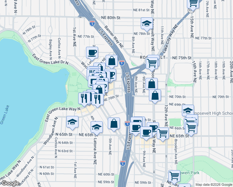map of restaurants, bars, coffee shops, grocery stores, and more near 500 Northeast 70th Street in Seattle