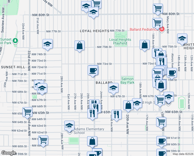 map of restaurants, bars, coffee shops, grocery stores, and more near 7002 24th Avenue Northwest in Seattle