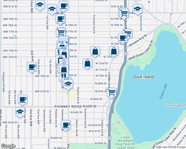 map of restaurants, bars, coffee shops, grocery stores, and more near 558 North 70th Street in Seattle