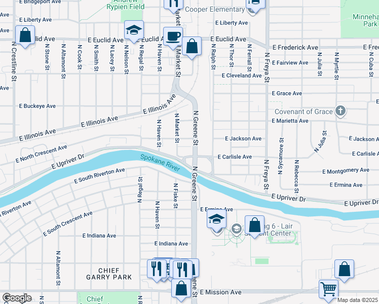 map of restaurants, bars, coffee shops, grocery stores, and more near 3123 East Carlisle Avenue in Spokane