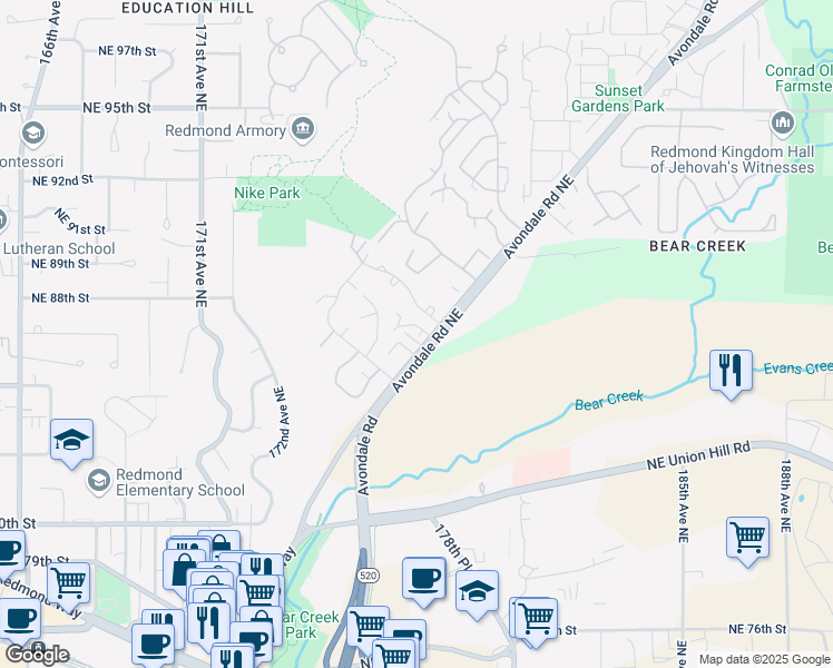 map of restaurants, bars, coffee shops, grocery stores, and more near 17633 Northeast 88th Place in Redmond