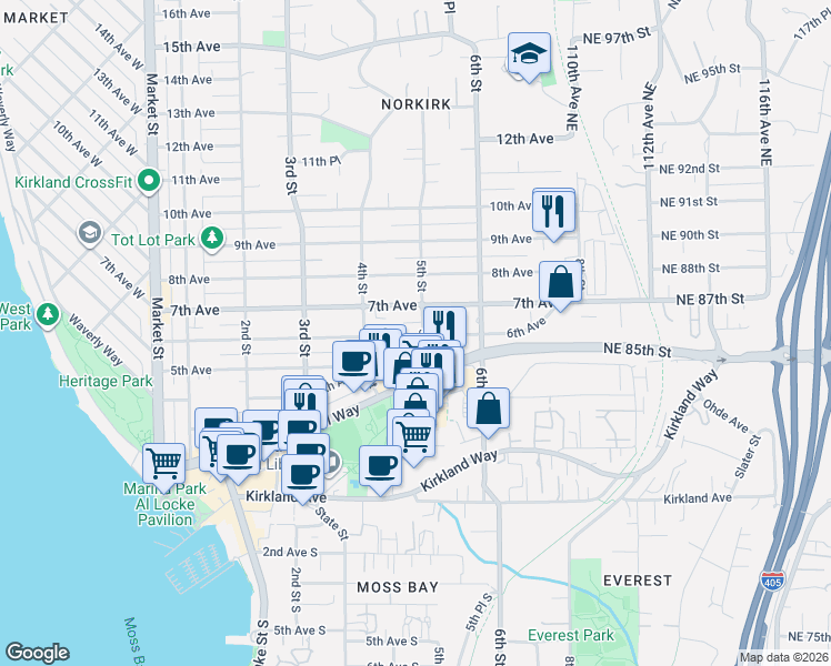 map of restaurants, bars, coffee shops, grocery stores, and more near 511 7th Avenue in Kirkland