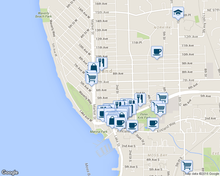 map of restaurants, bars, coffee shops, grocery stores, and more near 146 7th Avenue in Kirkland