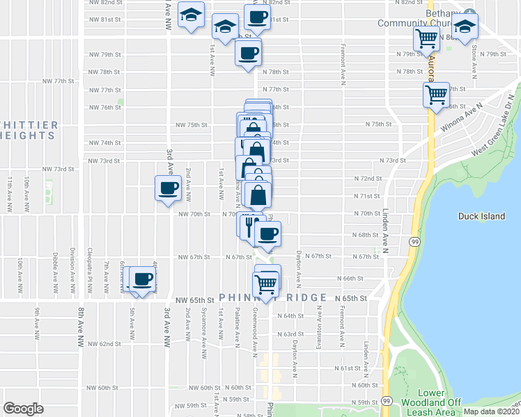map of restaurants, bars, coffee shops, grocery stores, and more near 7102 Greenwood Avenue North in Seattle