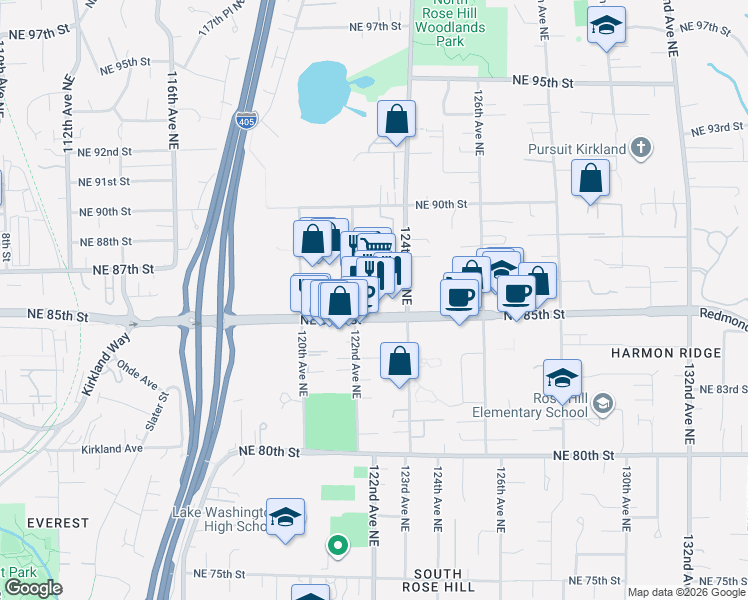 map of restaurants, bars, coffee shops, grocery stores, and more near 8518 122nd Avenue Northeast in Kirkland