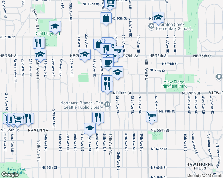 map of restaurants, bars, coffee shops, grocery stores, and more near 7037 35th Avenue Northeast in Seattle