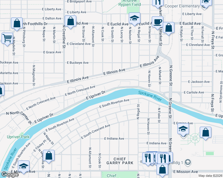 map of restaurants, bars, coffee shops, grocery stores, and more near 2517 East Upriver Drive in Spokane
