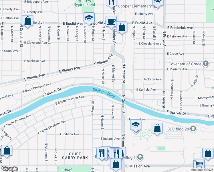 map of restaurants, bars, coffee shops, grocery stores, and more near 3001 East Upriver Drive in Spokane