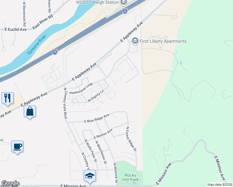 map of restaurants, bars, coffee shops, grocery stores, and more near 24560 Hawkstone Loop in Liberty Lake