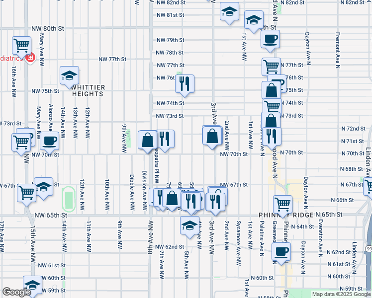 map of restaurants, bars, coffee shops, grocery stores, and more near in Seattle