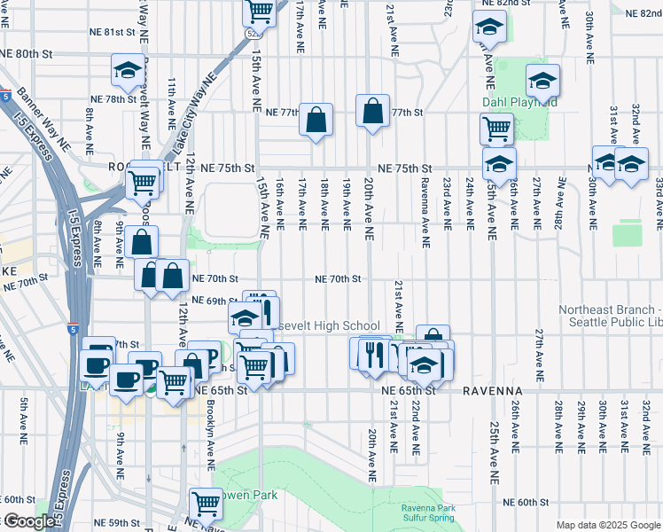 map of restaurants, bars, coffee shops, grocery stores, and more near 7012 18th Avenue Northeast in Seattle