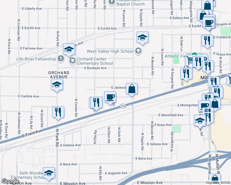 map of restaurants, bars, coffee shops, grocery stores, and more near 8107 East Jackson Avenue in Spokane Valley