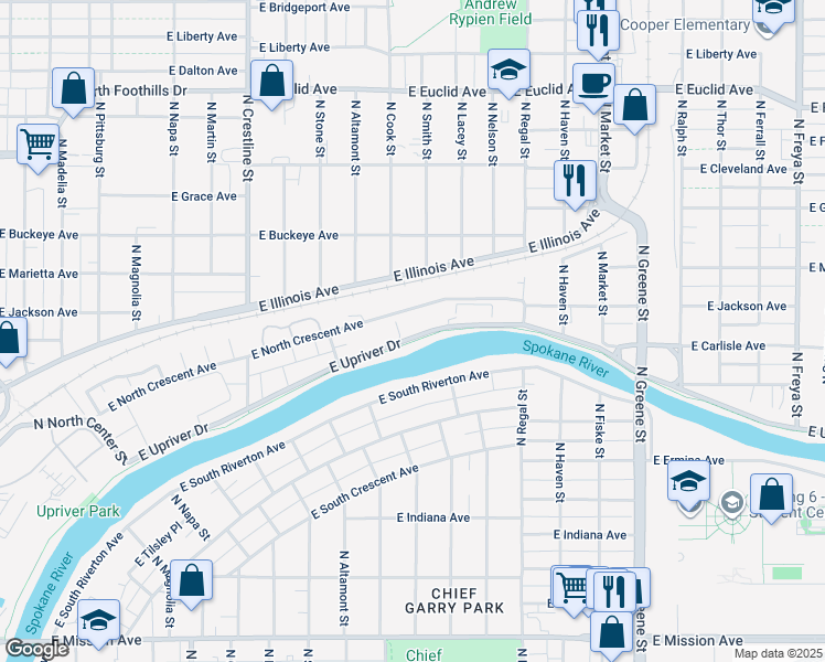 map of restaurants, bars, coffee shops, grocery stores, and more near 2517 East Upriver Drive in Spokane
