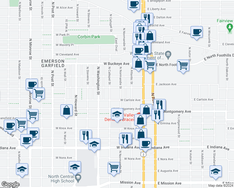 map of restaurants, bars, coffee shops, grocery stores, and more near 2400 North Calispel Street in Spokane