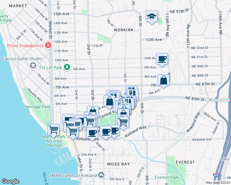 map of restaurants, bars, coffee shops, grocery stores, and more near 429 7th Avenue in Kirkland