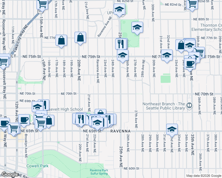 map of restaurants, bars, coffee shops, grocery stores, and more near 7042 23rd Avenue Northeast in Seattle