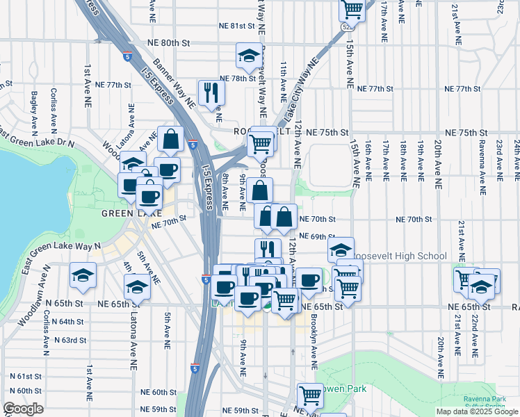 map of restaurants, bars, coffee shops, grocery stores, and more near 7120 Roosevelt Way Northeast in Seattle