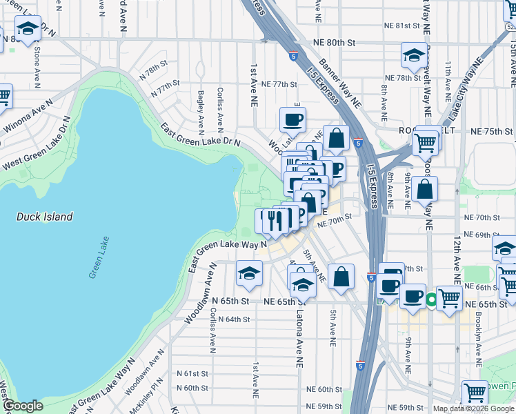 map of restaurants, bars, coffee shops, grocery stores, and more near in Seattle