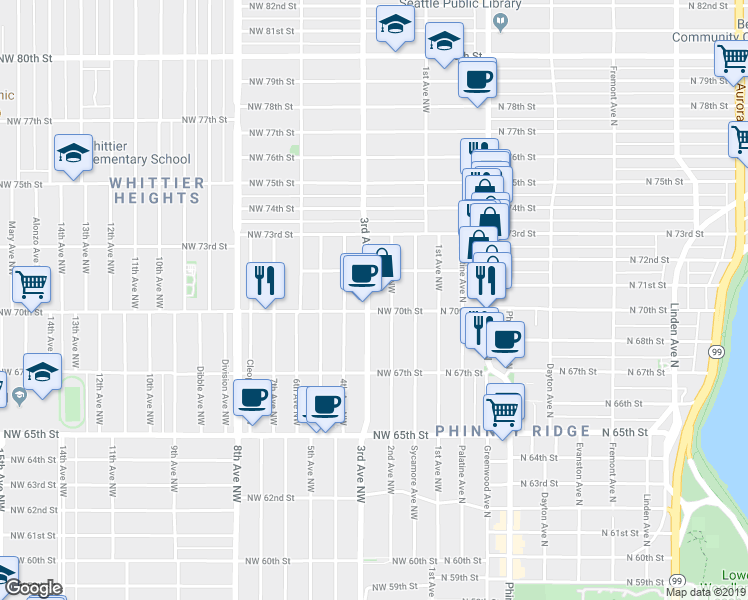 map of restaurants, bars, coffee shops, grocery stores, and more near 7031 2nd Avenue Northwest in Seattle