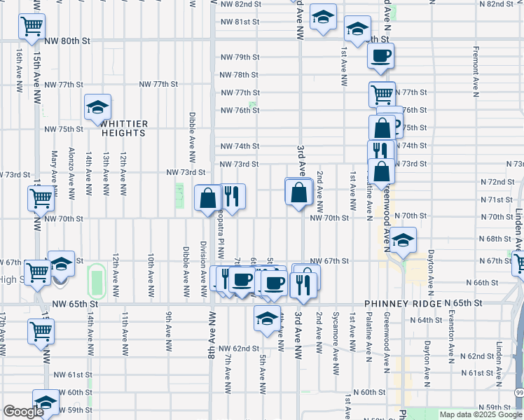 map of restaurants, bars, coffee shops, grocery stores, and more near in Seattle