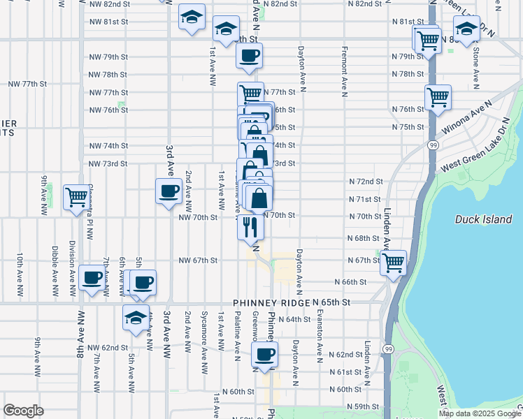 map of restaurants, bars, coffee shops, grocery stores, and more near 7006 Greenwood Avenue North in Seattle