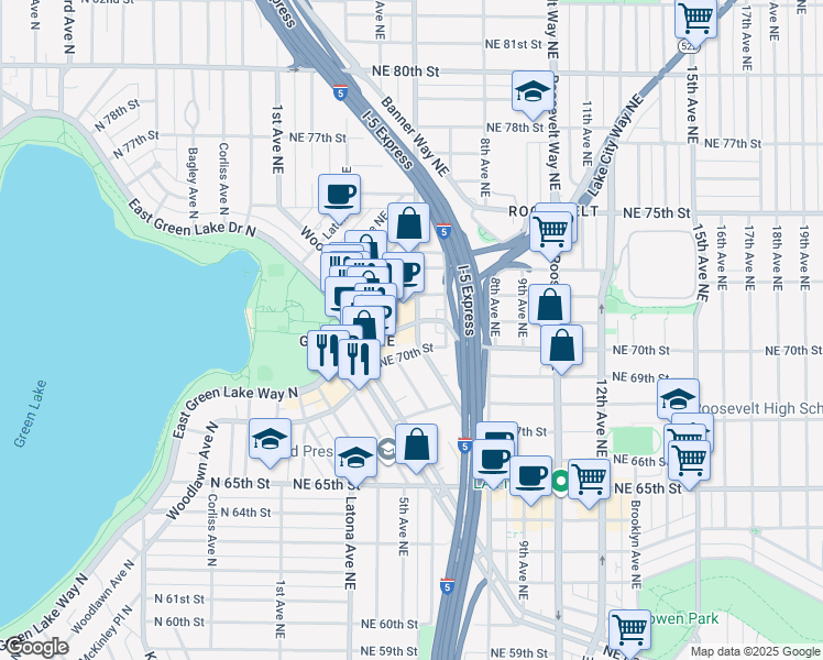 map of restaurants, bars, coffee shops, grocery stores, and more near 419 Northeast 71st Street in Seattle