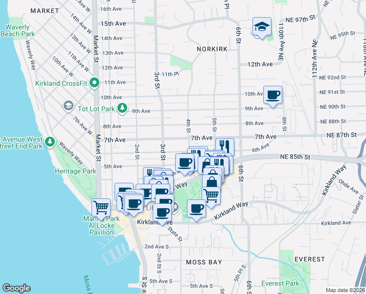map of restaurants, bars, coffee shops, grocery stores, and more near 340 6th Avenue in Kirkland