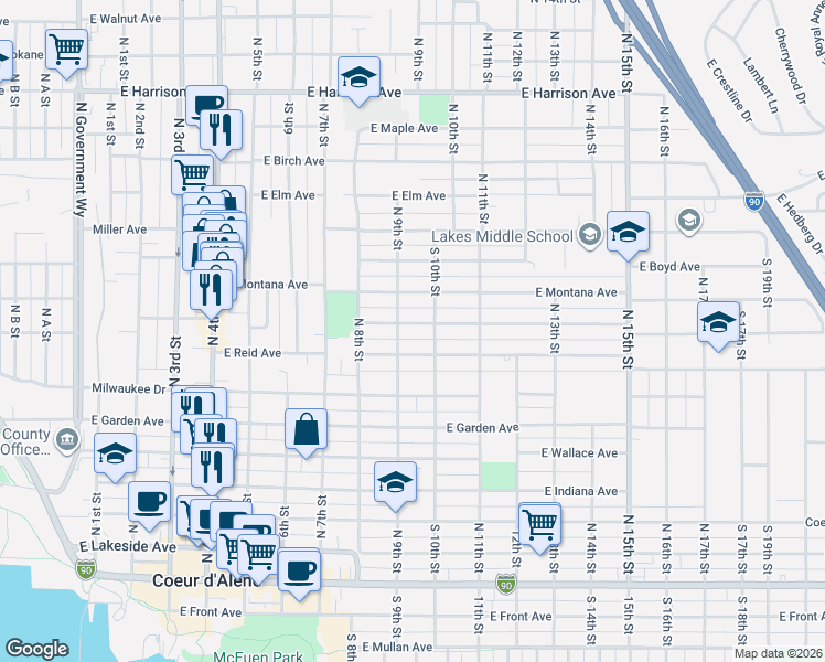 map of restaurants, bars, coffee shops, grocery stores, and more near 910 East Street Maries Avenue in Coeur d'Alene