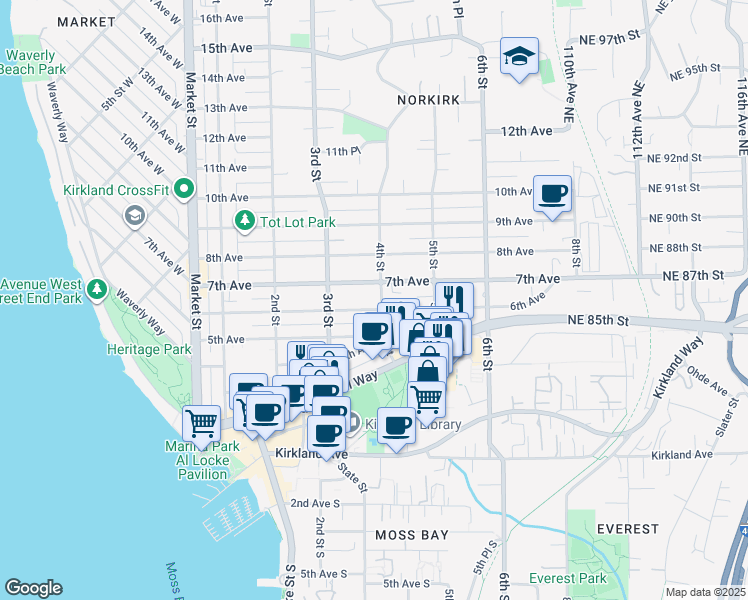 map of restaurants, bars, coffee shops, grocery stores, and more near 344 6th Avenue in Kirkland