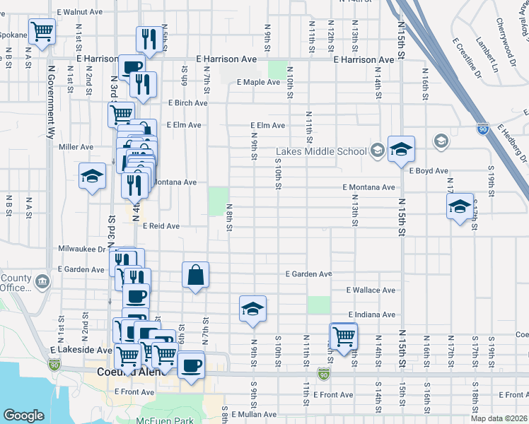 map of restaurants, bars, coffee shops, grocery stores, and more near 910 East Street Maries Avenue in Coeur d'Alene