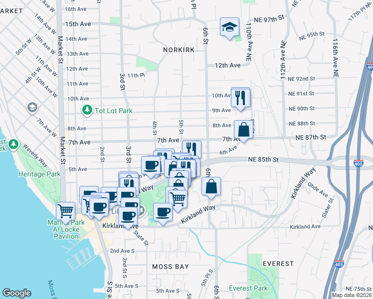 map of restaurants, bars, coffee shops, grocery stores, and more near 511 7th Avenue in Kirkland