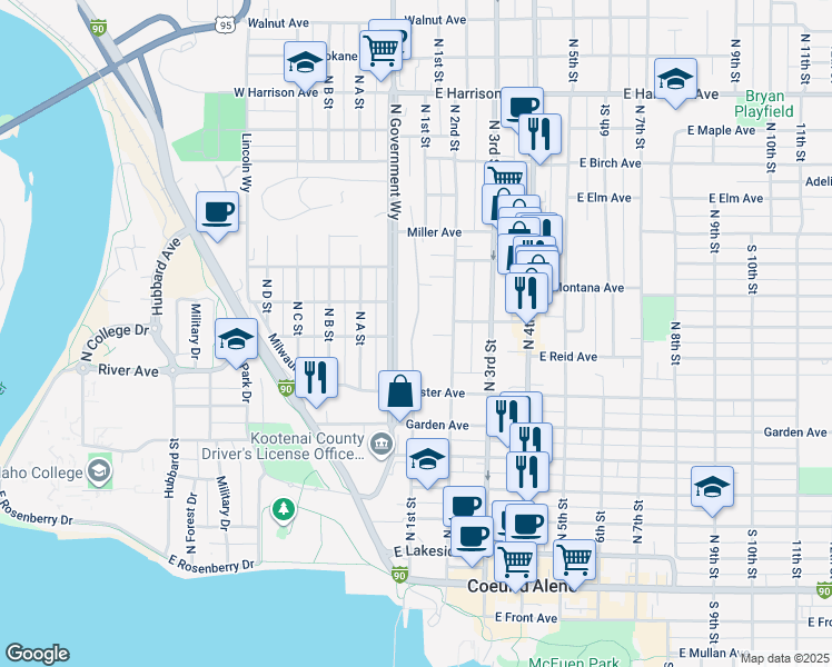 map of restaurants, bars, coffee shops, grocery stores, and more near 766 North Government Way in Coeur d'Alene