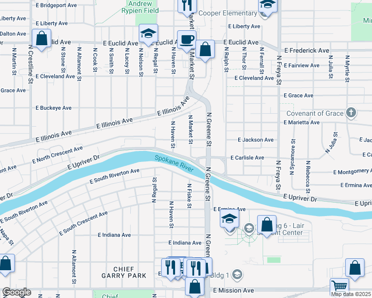 map of restaurants, bars, coffee shops, grocery stores, and more near 3018 East Jackson Avenue in Spokane